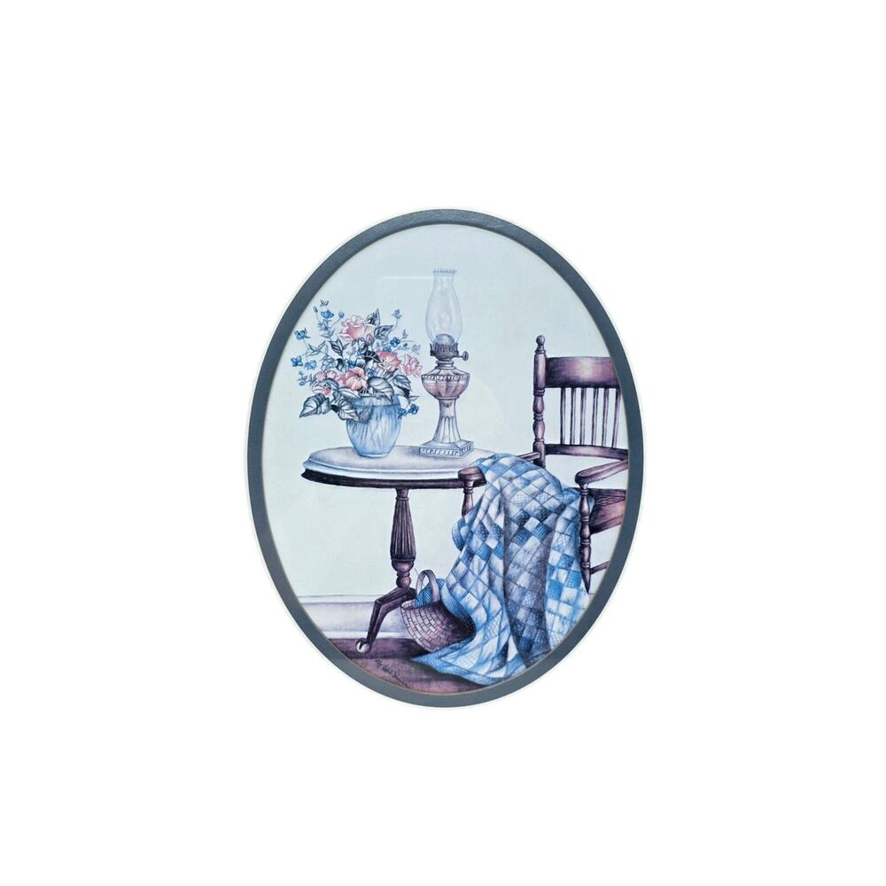 Vintage Country Cottage Framed Print Floral Arrangement Quilt Chair Farm Decor